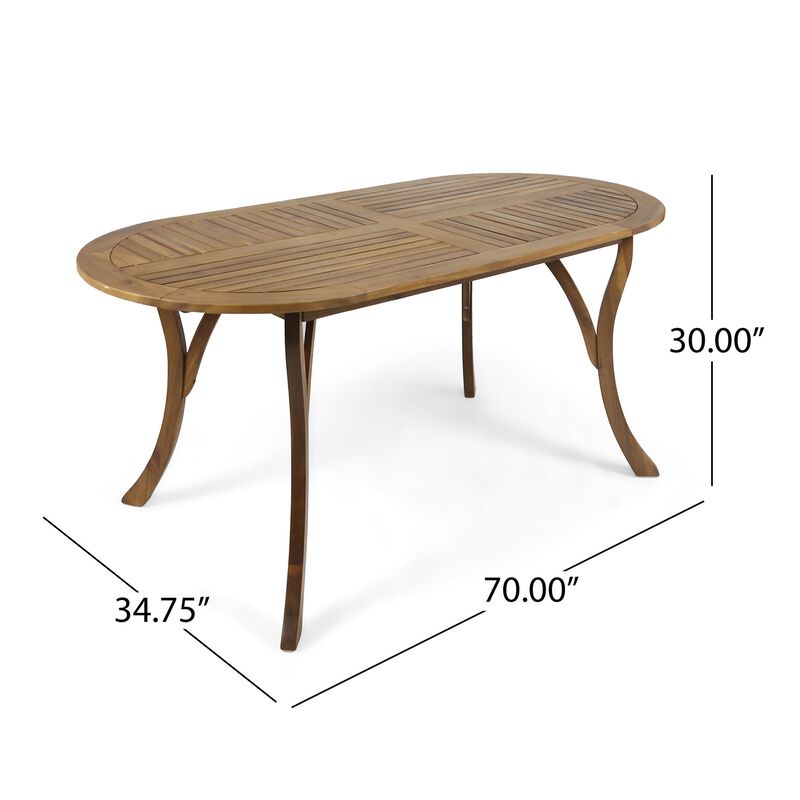 Outdoor Dining Table, 70 Inch Slat Style Oval Top, Teak Acacia Wood - Benzara