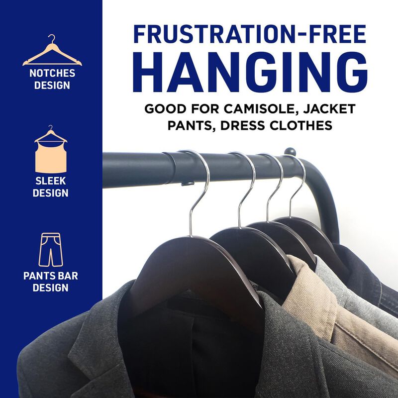 Lifemaster Wooden Clothes Hangers – With 360 Degree Swivel Hook and Non-Slip Shoulder Notch, Holds Up To 10 lbs, Pants Bar Design, For Organizing Suit, Dress, Coat, and Clothes, Pack of 50, Brown