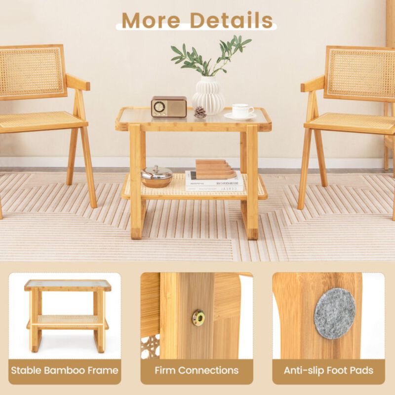 Hivvago 2-tier Bamboo Side Table with Glass Top-Natural