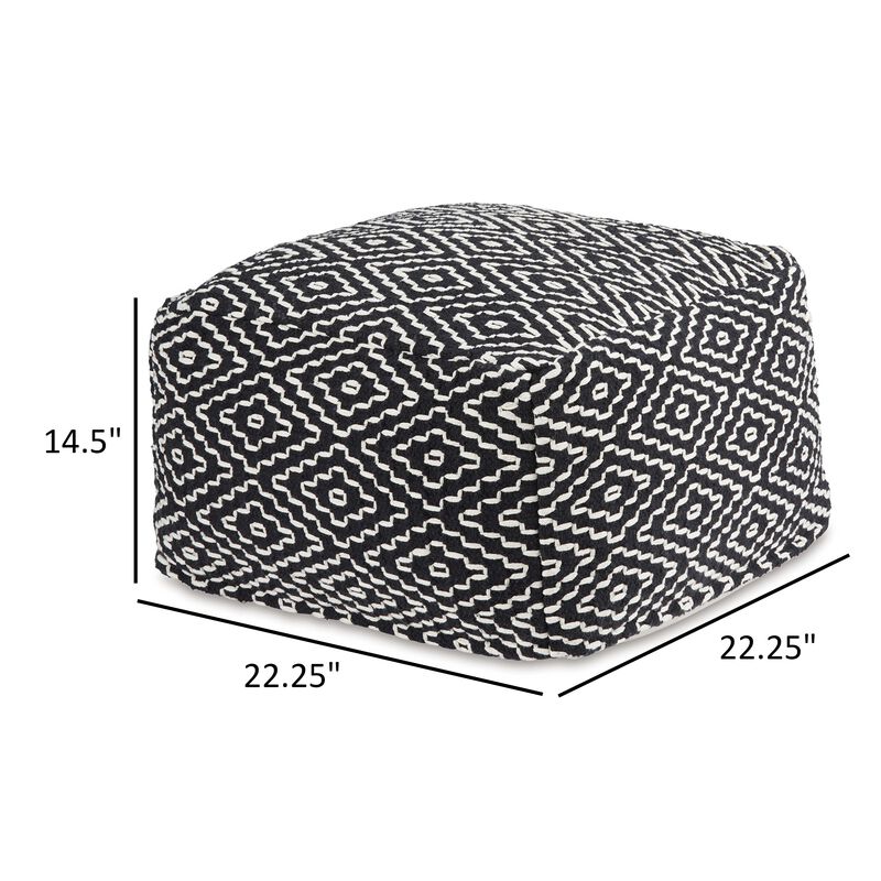 Sena 22 Inch Ottoman Pouf, Handwoven Pattern, Cotton Cover, Black White -