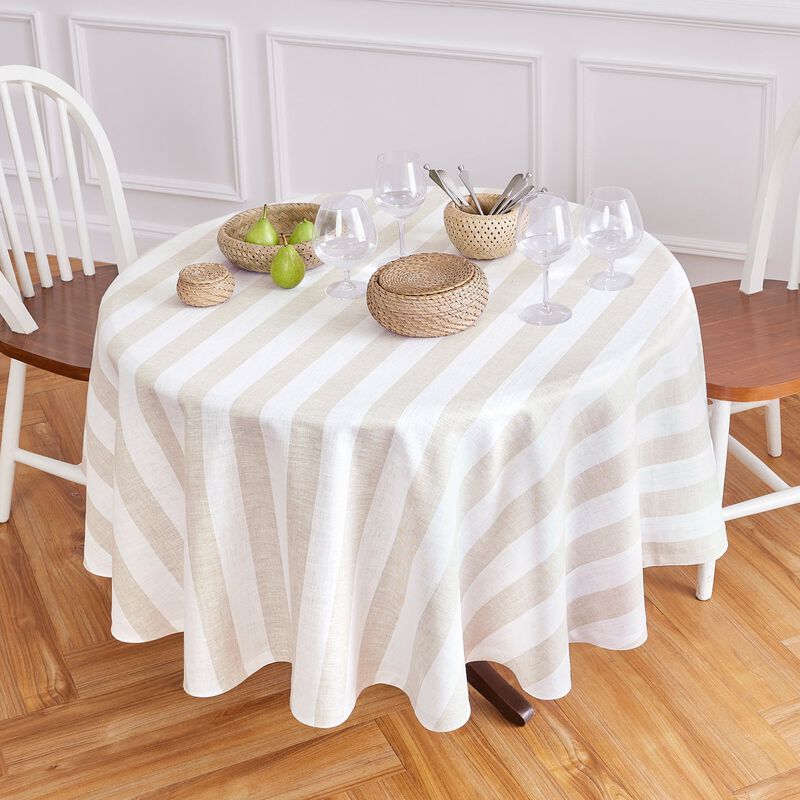 Solino Home 100% Pure Linen Round Tablecloth | Cabana Stripe for Spring & Easter