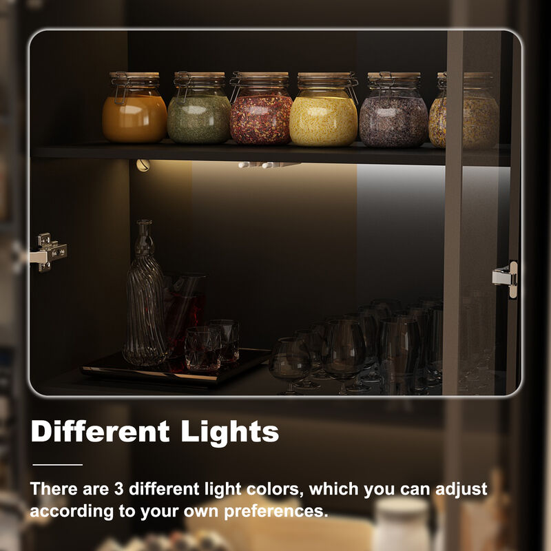 Black Wood Storage Cabinet Display Cabinet With Tempered Glass Doors, 3-Color LED Lights and Aluminum Framed