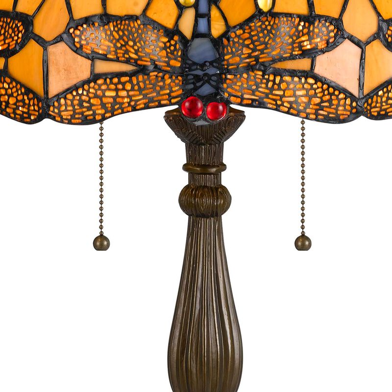 2 Bulb Tiffany Table Lamp with Dragonfly Design Shade, Multicolor-Benzara