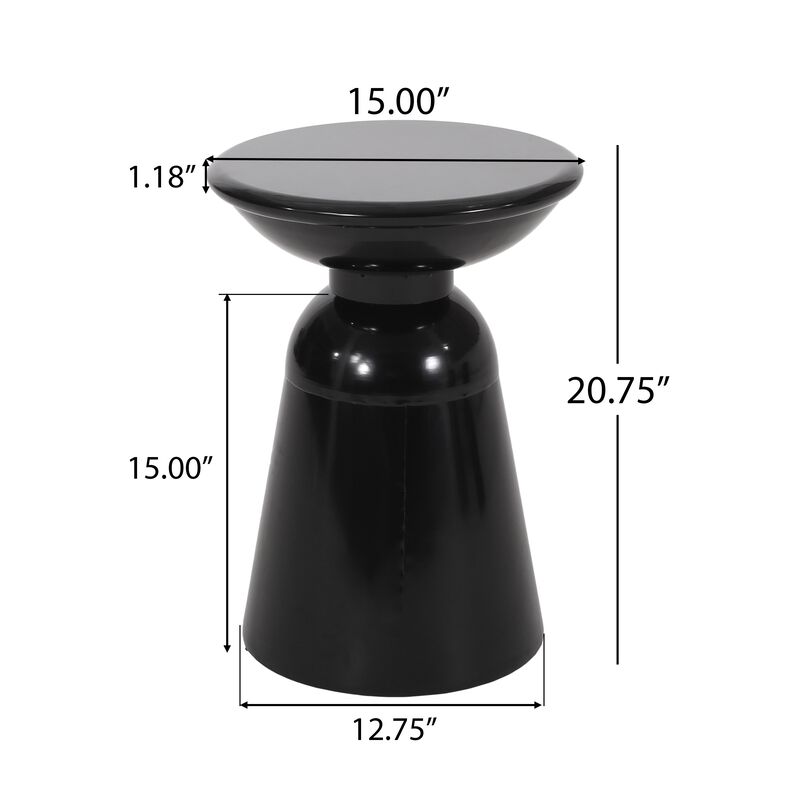 Suma Outdoor End Table, Round 15 Inch Top, Pedestal Base, Black Iron - Benzara