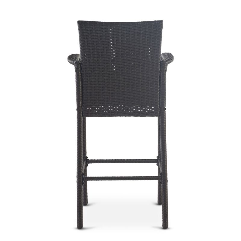 Outdoor Barstool Chair Set of 2, Gray PE Rattan Woven, Iron Frame - Benzara