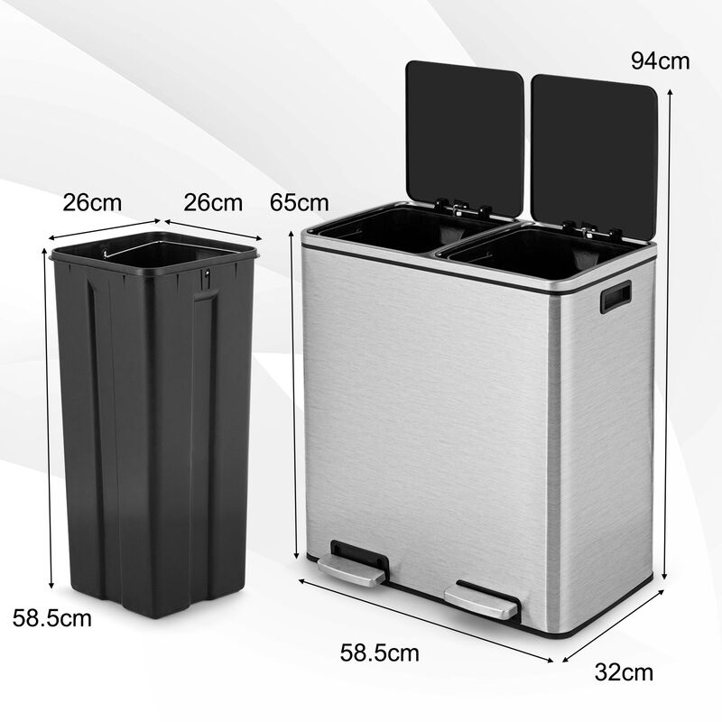 16 Gallon Dual Step Trash Can Recycling Double Bucket Pedal