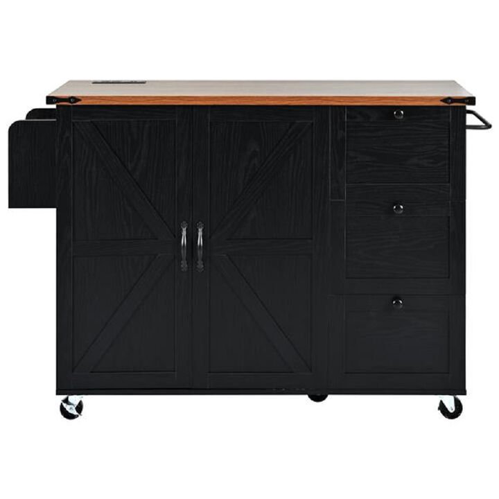 Kitchen Island with Wheels, Power Outlet, Drop Leaf & Internal Storage Rack