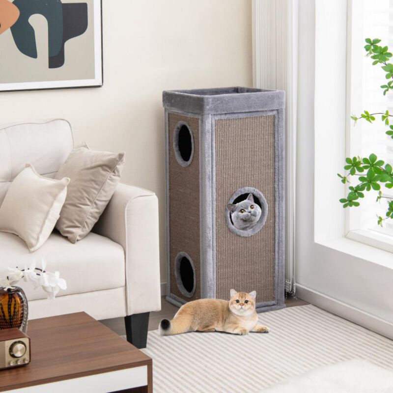 Hivvago 39 Inch Tall Cat Condo with Scratching Posts and 3 Hideaways and 4 Soft Plush Cushions