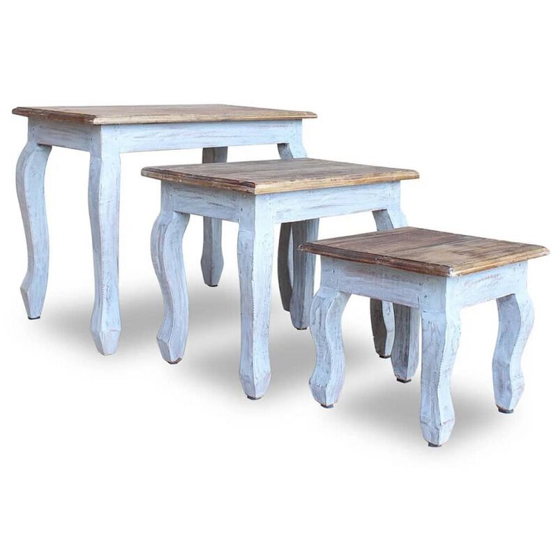 3pc Nesting End Table Set, Light Blue Turned Legs Brown Reclaimed Wood - Benzara