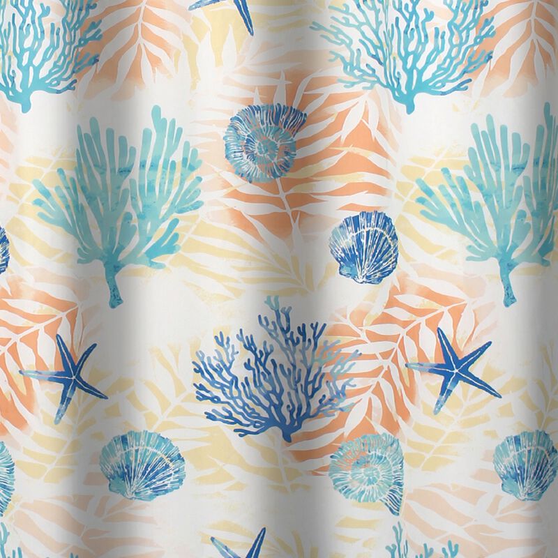 Geo 72 Inch Shower Curtain, White Blue Polyester, Seashells and Ferns Print-Benzara