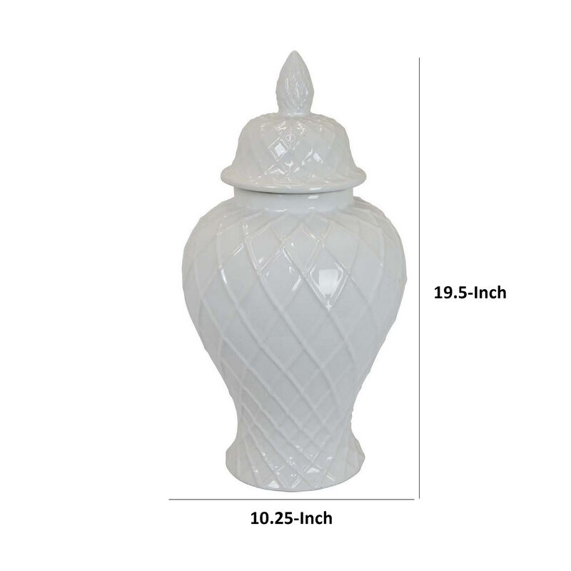 Livie 20 Inch Temple Ginger Jar, Geometric Design, Dome Lid, Ceramic, White - Benzara
