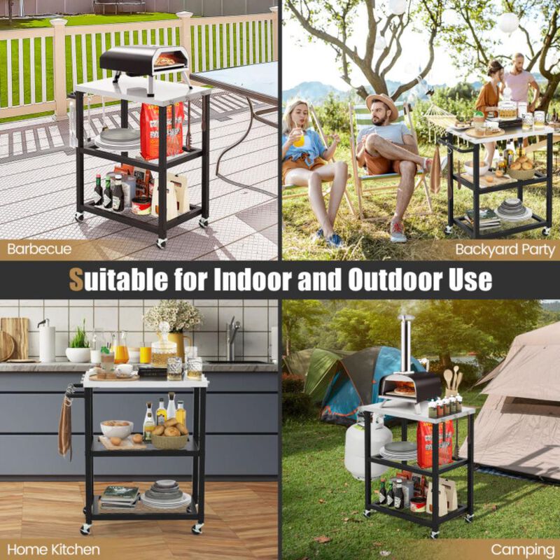 Hivvago 3-Tier Foldable Outdoor Stainless Steel Food Prepare Dining Cart Table on Wheels