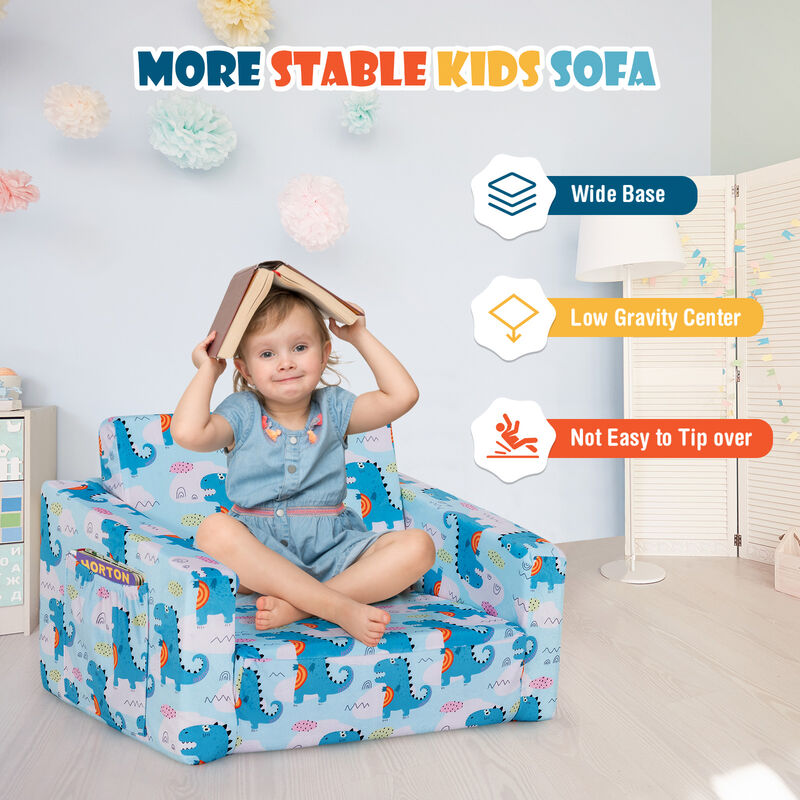 2-in-1 Convertible Kids Sofa with Velvet Fabric - Light Blue Dinosaur