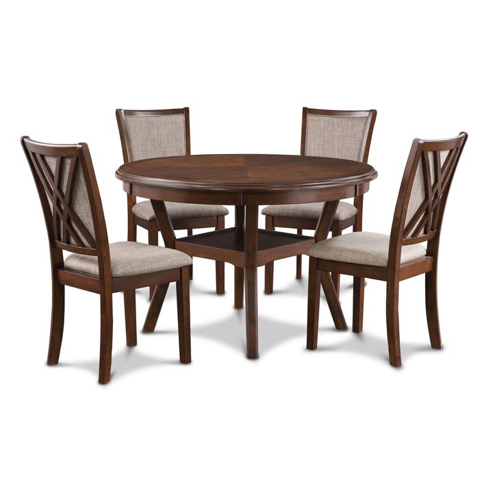 Aine 5 Piece Round Dining Table, Chair Set, Cherry Brown Wood, Fabric Seat - Benzara