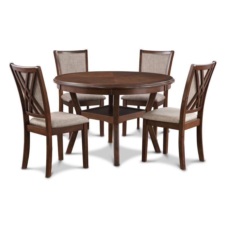 Aine 5 Piece Round Dining Table, Chair Set, Cherry Brown Wood, Fabric Seat - Benzara