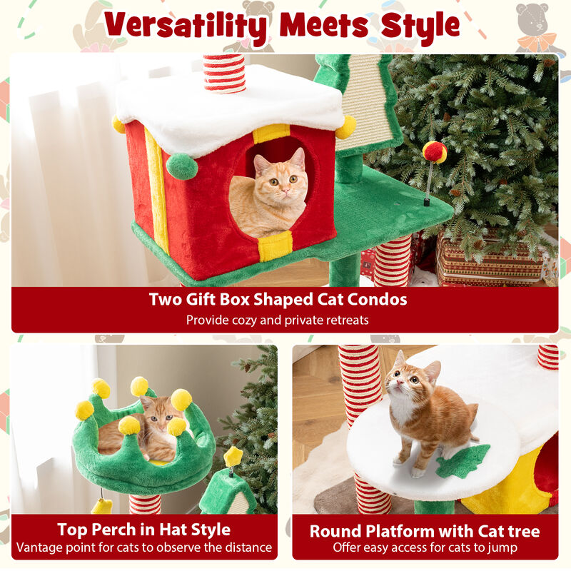 Cute Christmas Cat Tree Cat Tower for Indoor Cats with Scratching Posts and Carpet