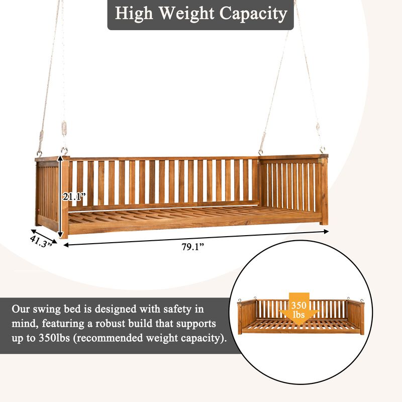 Mondawe Outdoor Twin Size Acacia Wood Swing Bed,Patio Garden Hanging Chair With A Hanging Rope