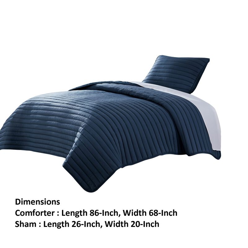 Cabe 2 Piece Twin Comforter Set, Polyester Puffer Channel Quilted Navy Blue - Benzara