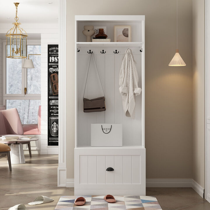 70.9 in. H x 86.8 in. W, White Wood Shoe Storage Bench, Coat Hanger & Wardrobe 3-IN-1 (Shoe Storage Bench & Coat Hanger)