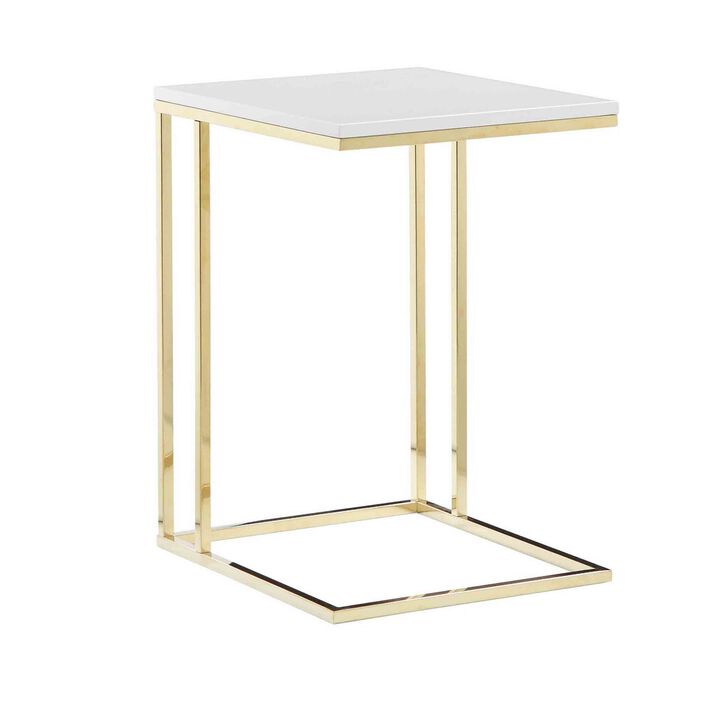 Zen 23 Inch Side End Tray Table, White Tray Top, Steel Base in Gold Finish - Benzara