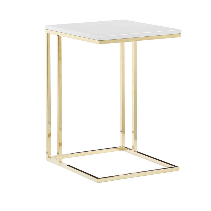 Zen 23 Inch Side End Tray Table, White Tray Top, Steel Base in Gold Finish - Benzara