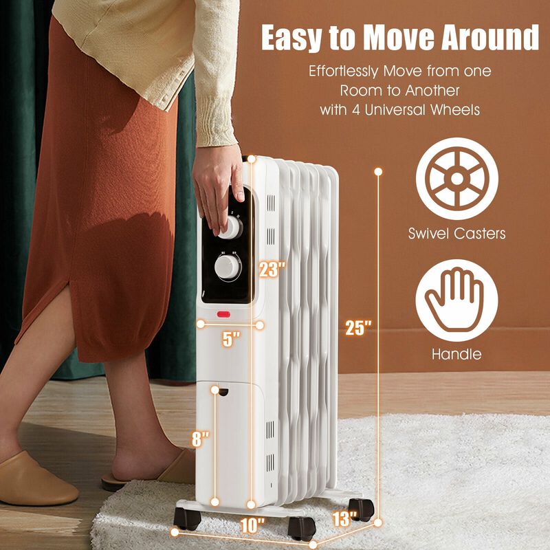1500W Oil Filled Portable Radiator Space Heater with Adjustable Thermostat