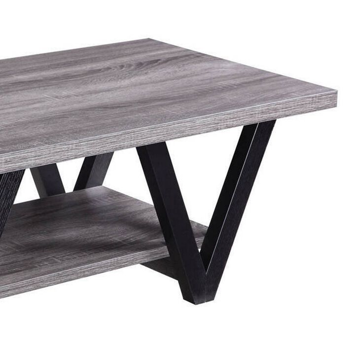 Zigzag Contemporary Solid Wooden Coffee Table With Bottom Shelf, Gray And Black-Benzara