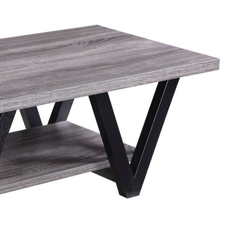 Zigzag Contemporary Solid Wooden Coffee Table With Bottom Shelf, Gray And Black-Benzara