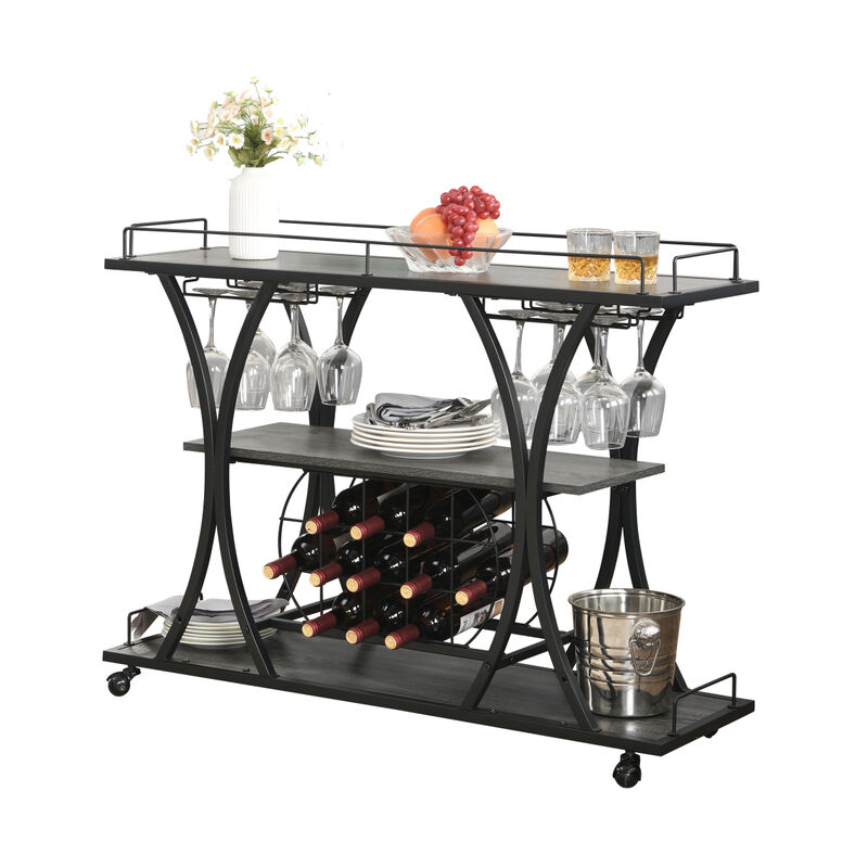 Industrial Bar Cart Kitchen Bar Serving Cart For Home With Wheels 3 - Tier Storage Shelves