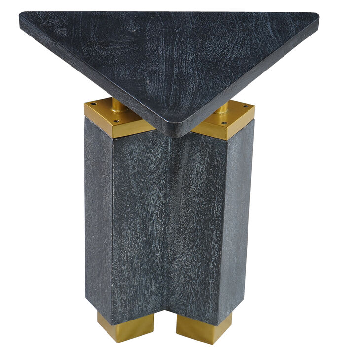 20 Inch Modern Side End Table, Handcrafted Triangular Shape, Gold Brass Trim, Sandblasted Black
