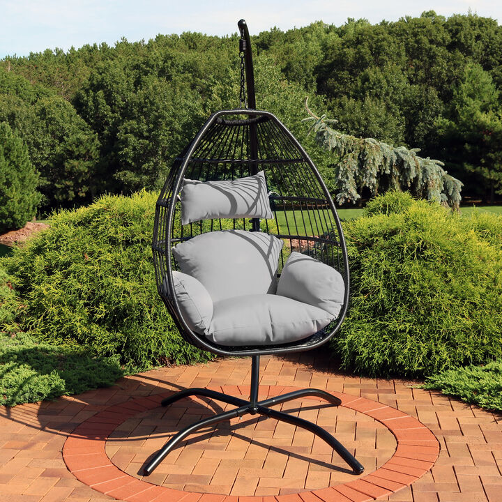 Sunnydaze Resin Wicker Hanging Egg Chair with Steel Stand/Cushions - Gray