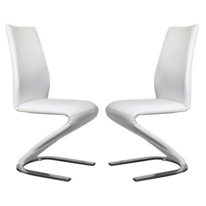 Leatherette Side Chair with U Shaped Metal Base, Set of 2, White and Chrome-Benzara
