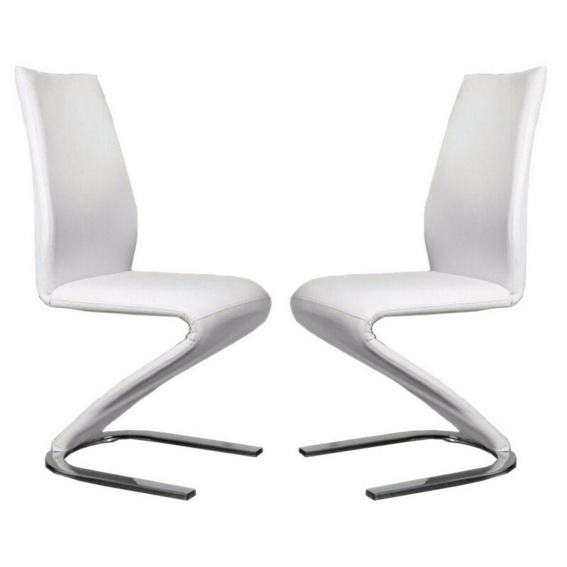 Leatherette Side Chair with U Shaped Metal Base, Set of 2, White and Chrome-Benzara
