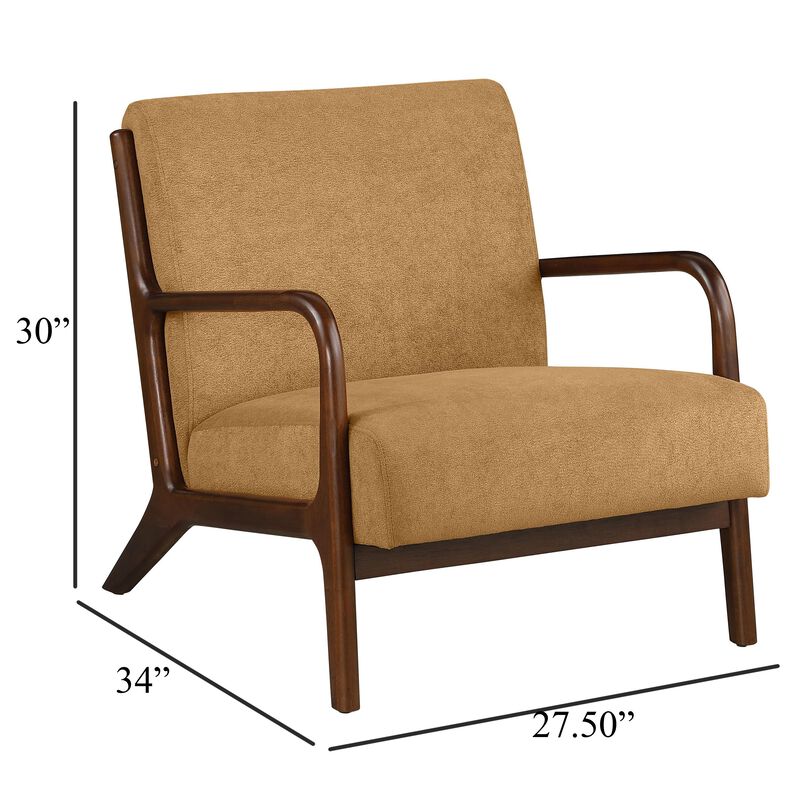 Arril Accent Chair, Soft Honey Orange Fabric Cushions, Dark Brown Wood - Benzara