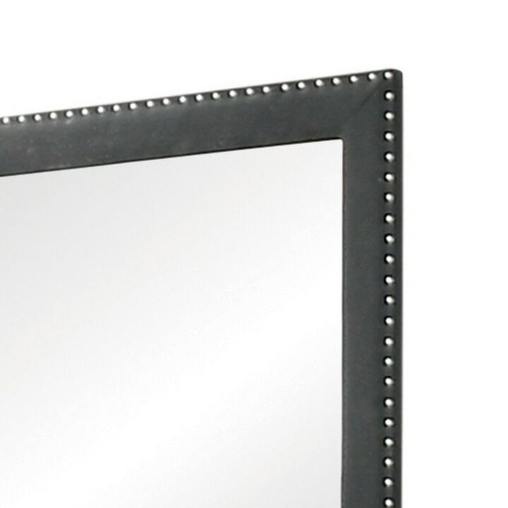 Cale 40 Inch Modern Portrait Mirror, Velvet Upholstery, Nailhead Trim, Gray-Benzara