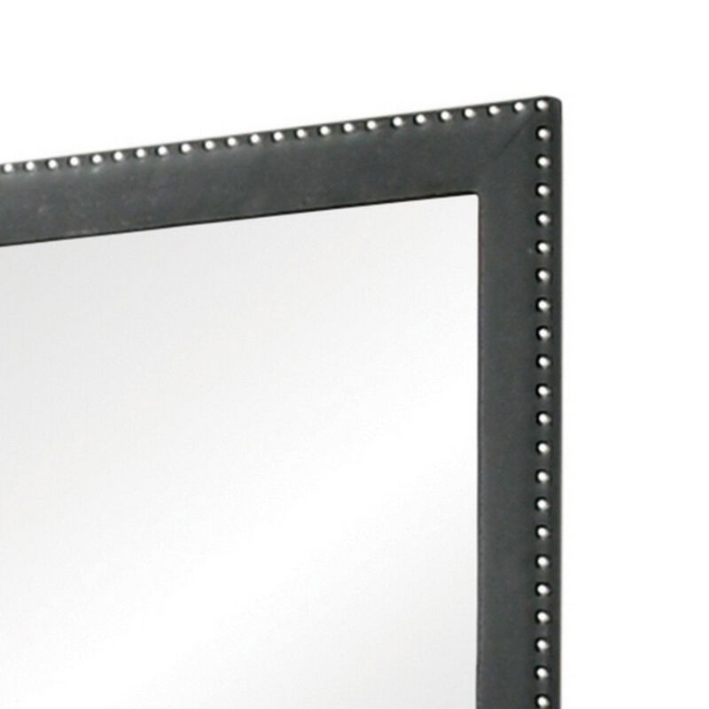 Cale 40 Inch Modern Portrait Mirror, Velvet Upholstery, Nailhead Trim, Gray-Benzara