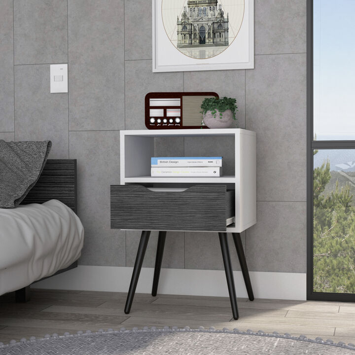 DEPOT E-SHOP Emma Nightstand, Superior Top, Four Legs, One Open Shelf, One Drawer, Dark Walnut