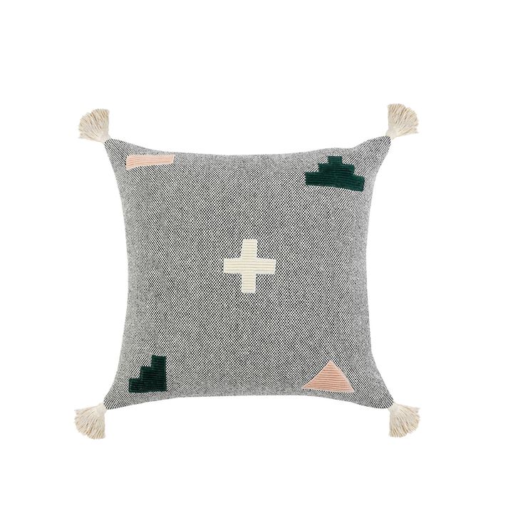 20" Gray and Black Geometric Patchwork Square Throw Pillow with Tassels