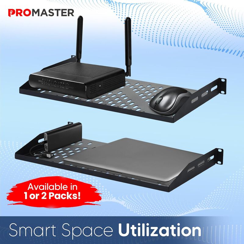 ThePromaster Server Vented Shelf - 2-Pack 19 Inches, 10'' Deep, 1U Universal Integration Server Vented Rack Mounting Tray For Good Airflow, Cantilever Mount, Device and Equipment Wall Mounting - Black