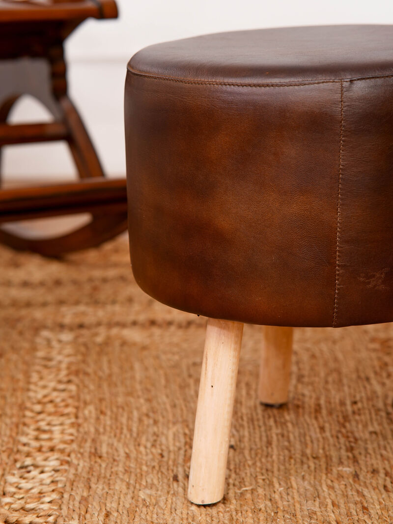 Handmade Eco-Friendly Geometric Buffalo Leather & Wood Black Round Ottomon Stool 14"x14"x14" From BBH Homes