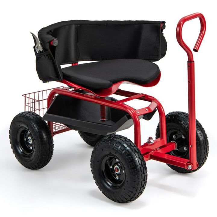 Hivvago Cushioned Rolling Garden Cart Scooter with Storage Basket and Tool Pouch-Black & Red