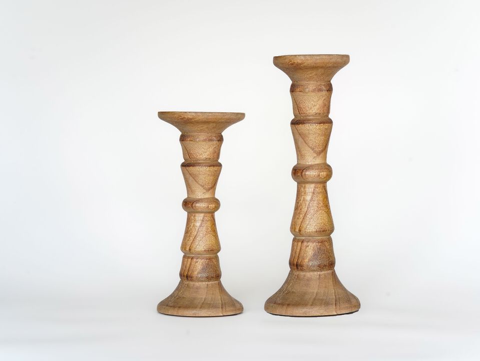 Traditional Wallnut Eco-friendly Handmade Mango Wood Set Of Two 6" & 9" Pillar Candle Holder BBH Homes