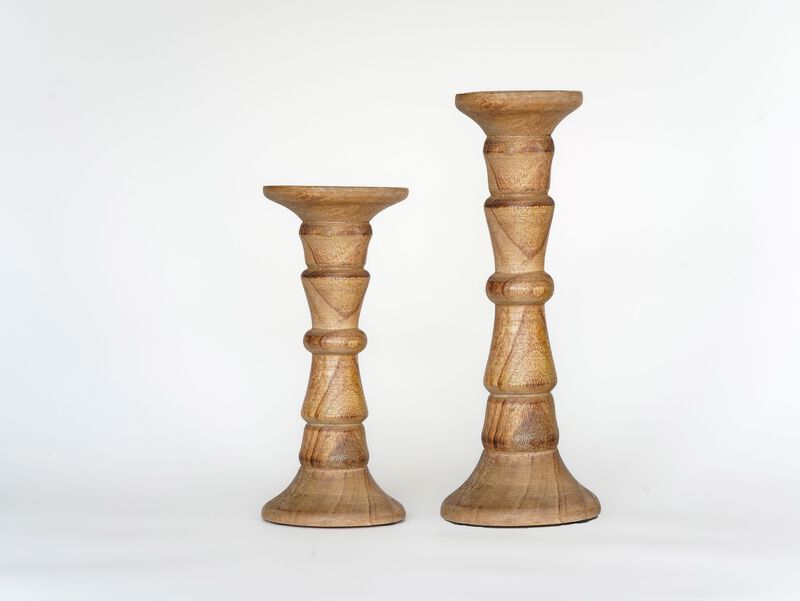 Traditional Wallnut Eco-friendly Handmade Mango Wood Set Of Two 6" & 9" Pillar Candle Holder BBH Homes
