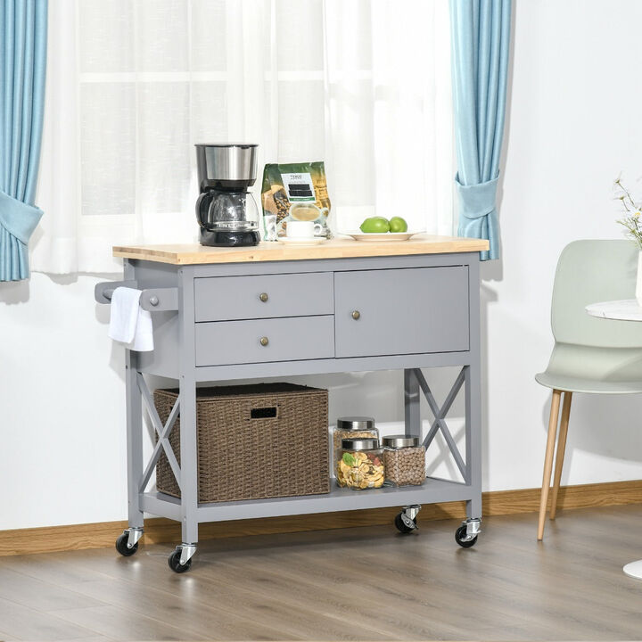 Grey Kitchen Helper: Rolling Utility Cart with Rubberwood Top and Storage