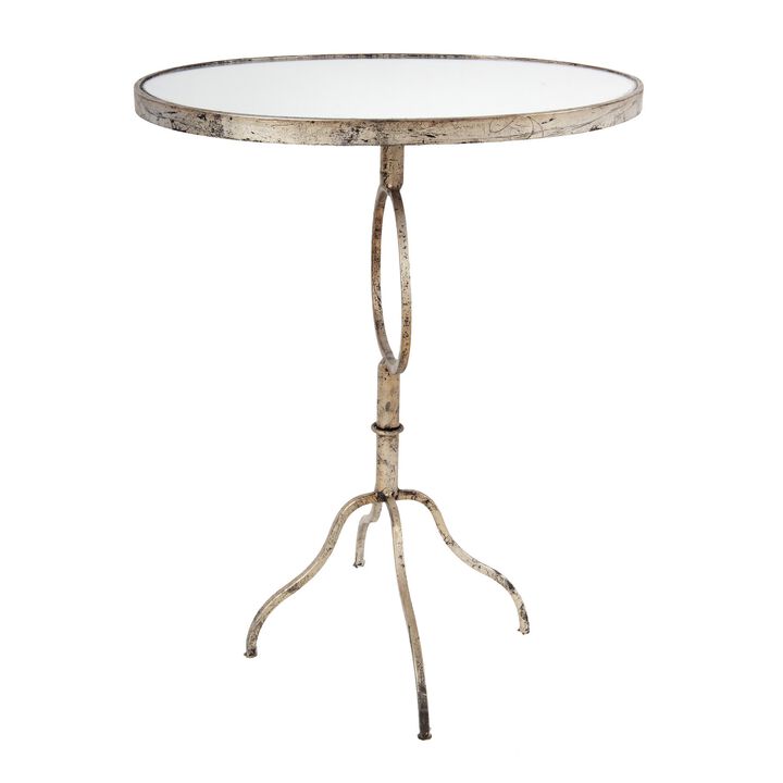 28 Inch Accent Side Table, Oval Mirror Top, Metal Base, Rustic Gold Finish - Benzara