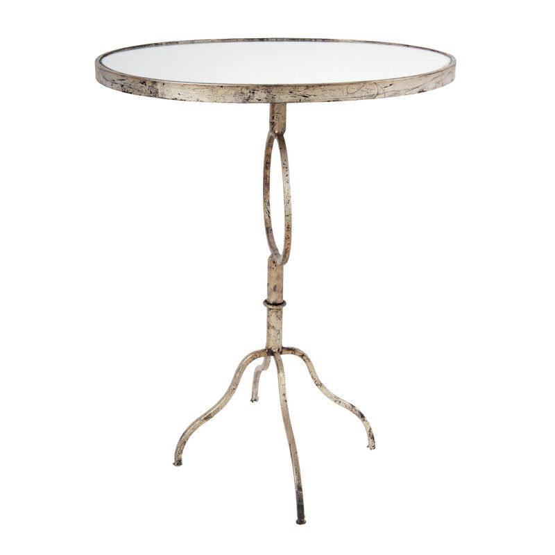 28 Inch Accent Side Table, Oval Mirror Top, Metal Base, Rustic Gold Finish - Benzara