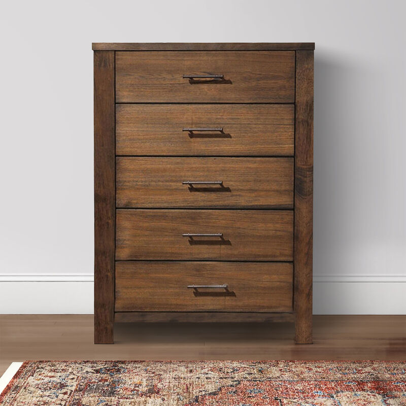 Tiva 48 Inch Tall 5 Drawer Dresser, Metal Handles, Distressed Oak Brown - Benzara