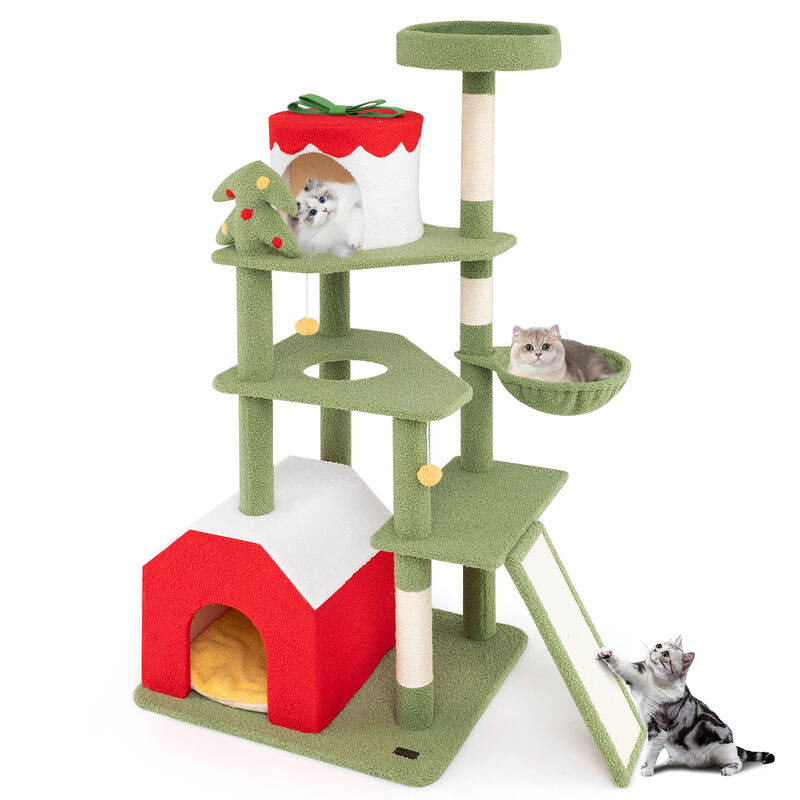 Cute Christmas Cat Tree with Sisal Scratching Posts and 2 Condos