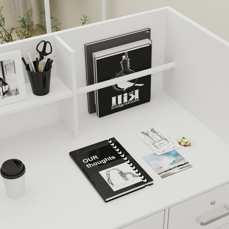 47.2 in. Rectangle White Wooden Desk with 3-Drawers, Cabinet and Shelves