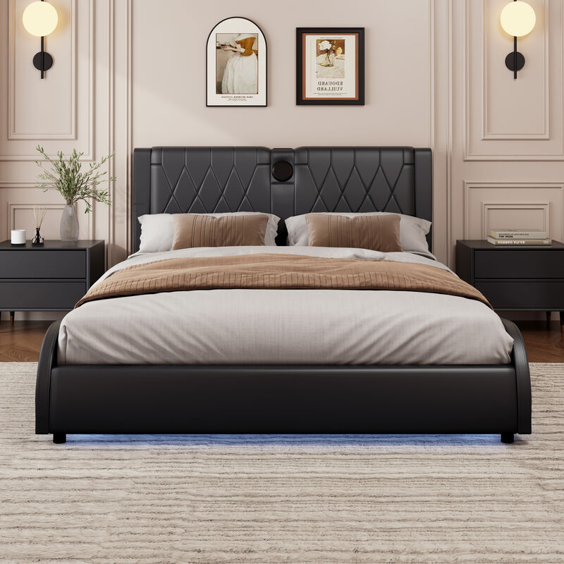 Merax Luxurious Faux Leather Platform Bed with Bluetooth Speakers